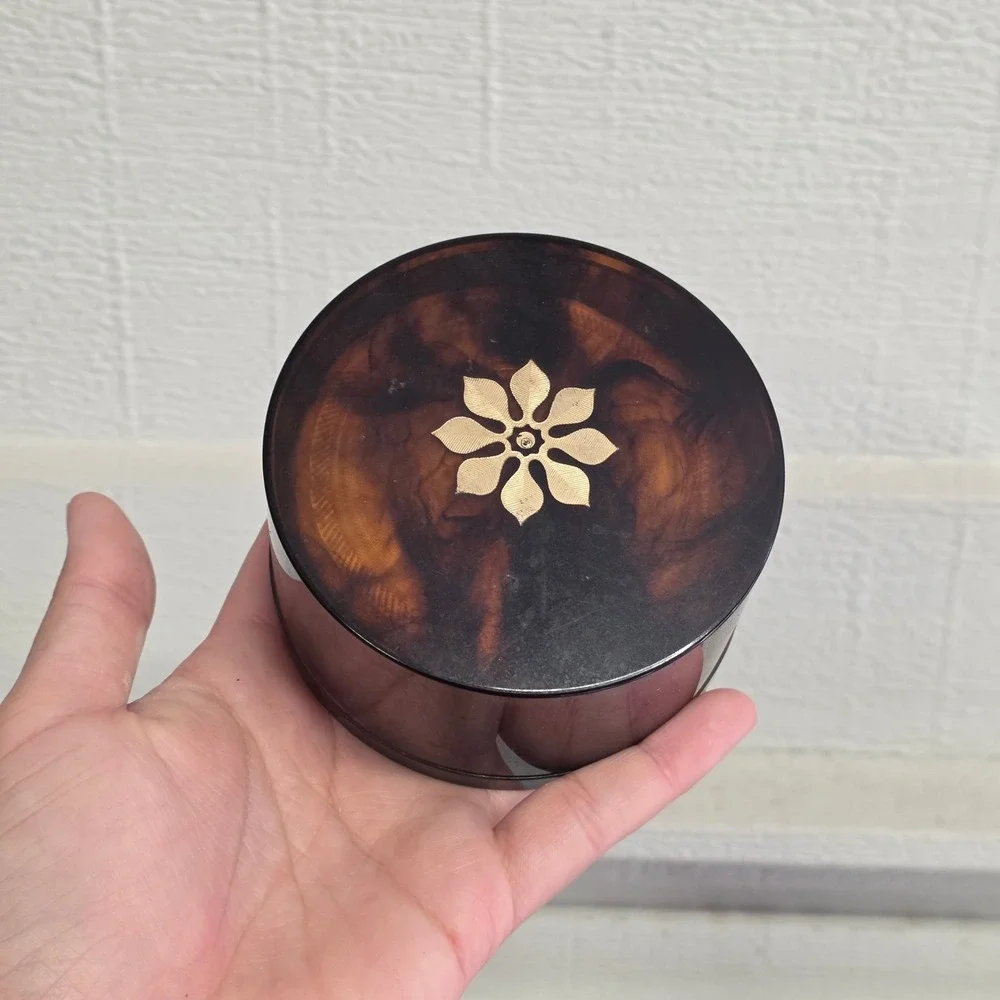 New vtg Merle Norman Fluff Face Powder Jar Tortoise Shell Honey Beige Cosmetic